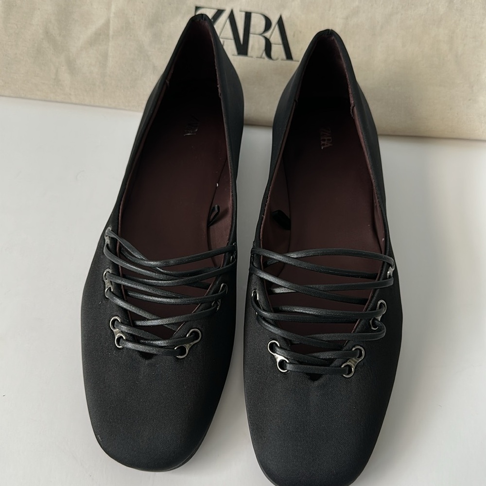 Zara Black Lace-Up Women's Flats - Picture 1 of 15